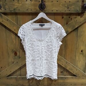 INC International Concepts White Graphic Ruffled Blouse